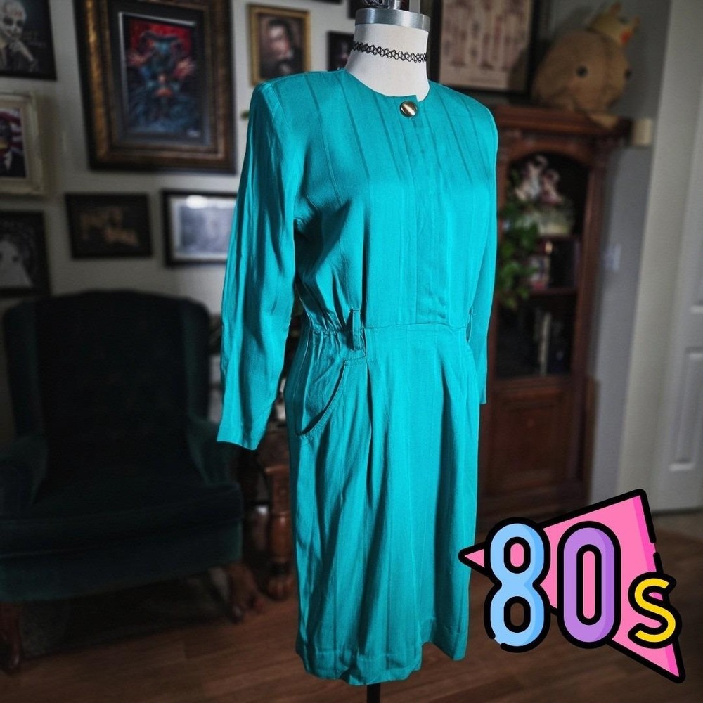 Vintage 80s Michael B Ltd. Teal‎ Sheath Midi Dress Button Accent Long Sleeve